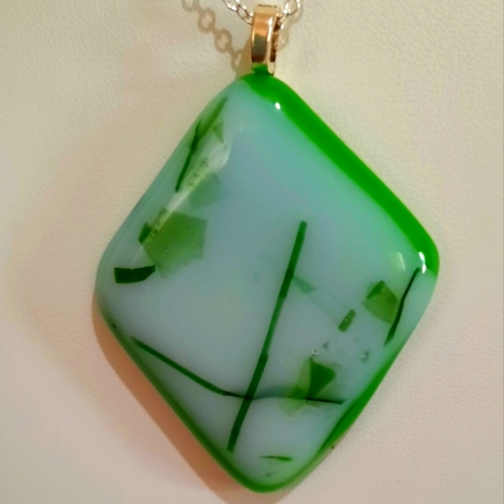 Hand Crafted Green and White Stained Glass Diamond Shape Necklace